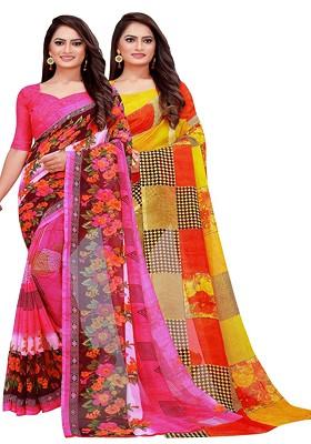 Pink Printed Georgette Saree Set (Set Of 2)