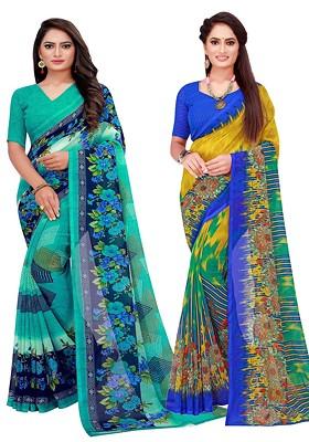 Turquoise Blue Embroidered Georgette Saree Set (Set Of 2)