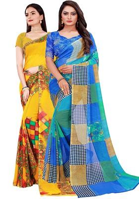 Yellow Geometric Print Georgette Saree Set (Set Of 2)