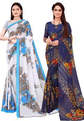 Navy Blue Floral Georgette Saree Set (Set Of 2)