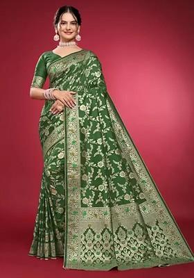 Olive Green woven Silk Saree Set