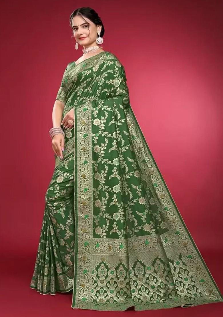 Olive Green woven Silk Saree Set