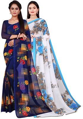 White Embroidered Georgette Saree Set (Set Of 2)