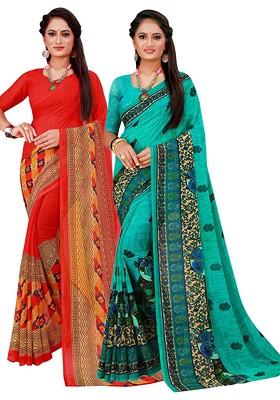 Red Printed Georgette Saree Set