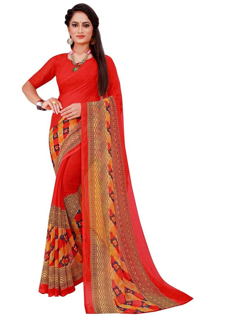 Red Printed Georgette Saree Set