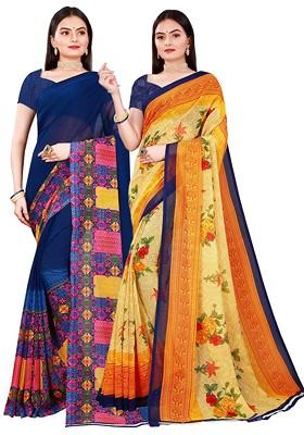 Navy Blue Floral Georgette Saree Set (Set Of 2)