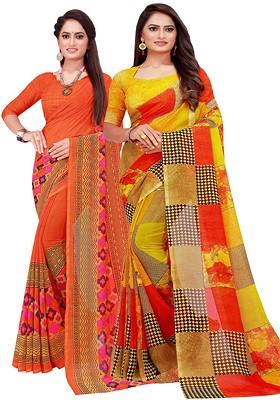 Orange Floral Georgette Saree Set (Set Of 2)