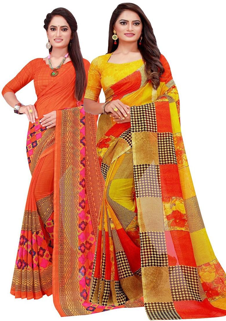 Orange Floral Georgette Saree Set (Set Of 2)