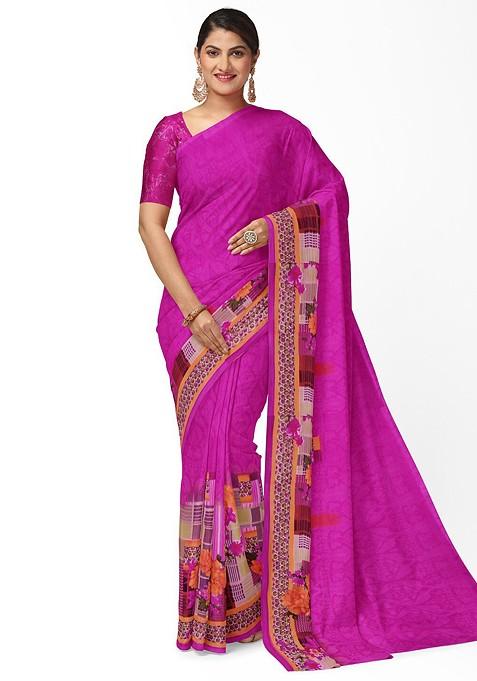 Pink Floral Georgette Saree Set