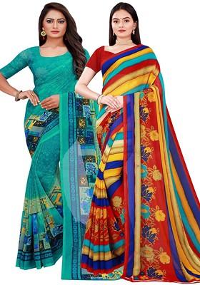 Green Embroidered Georgette Saree Set (Set Of 2)