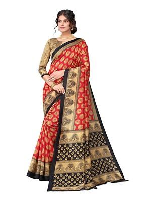 Red Printed Art Silk Saree Set