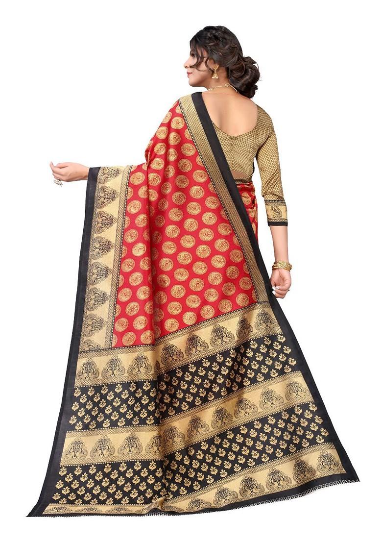 Red Printed Art Silk Saree Set