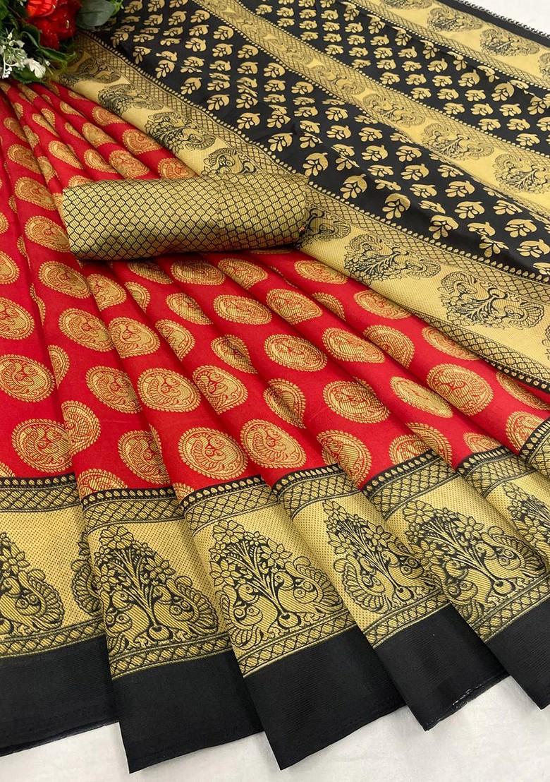 Red Printed Art Silk Saree Set