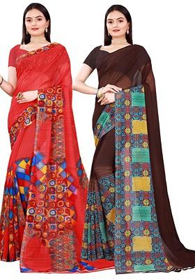 Brown Embroidered Georgette Saree Set