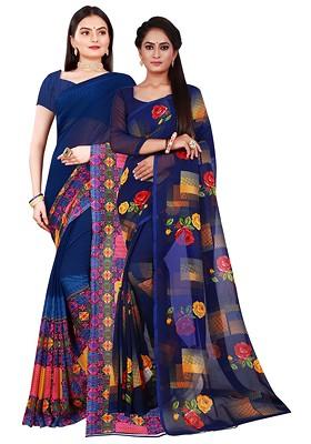 Navy Blue Embroidered Georgette Saree Set (Set Of 2)