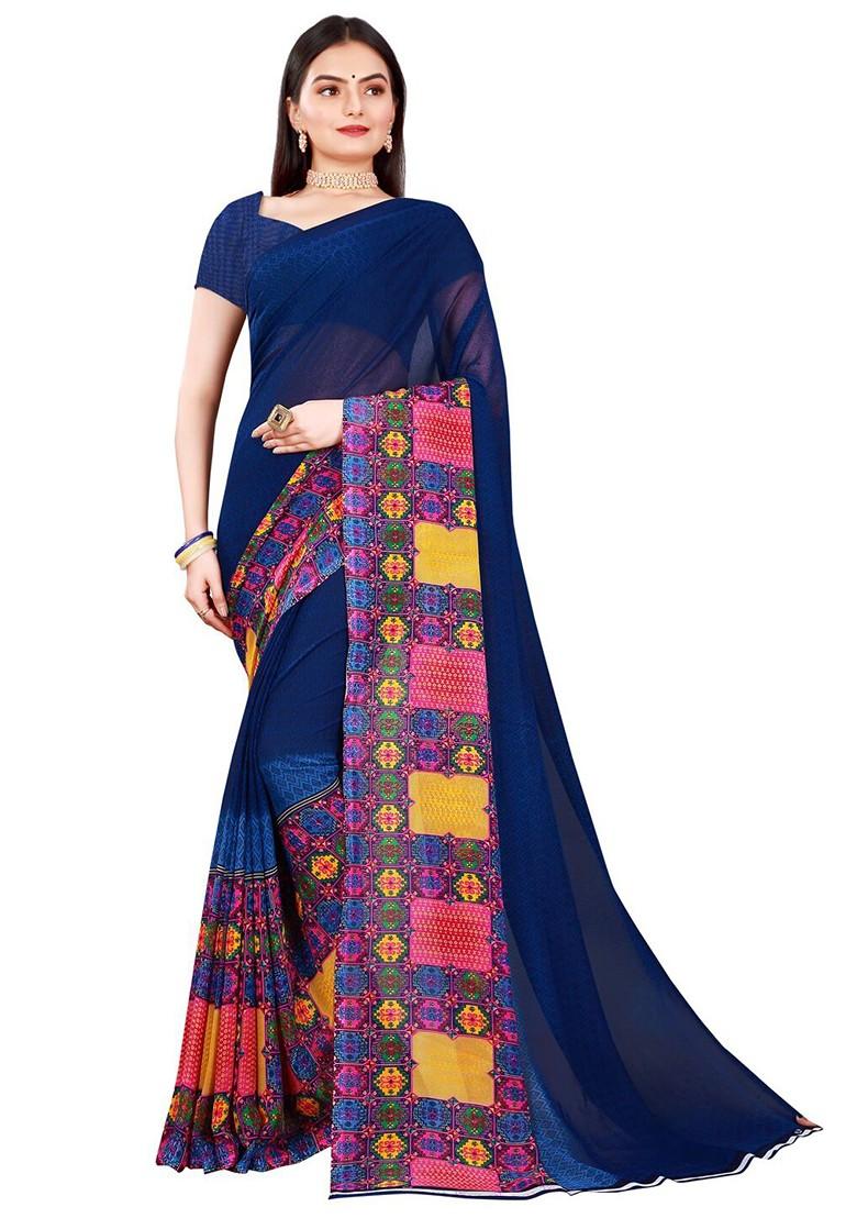 Navy Blue Embroidered Georgette Saree Set (Set Of 2)