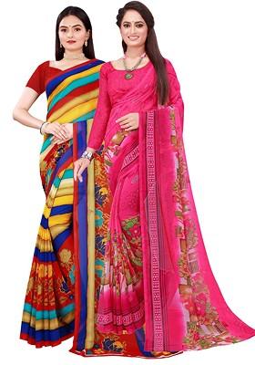 Pink Embroidered Georgette Saree Set (Set Of 2)
