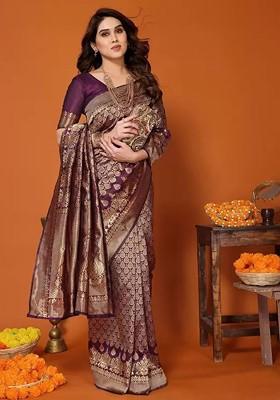 Burgundy woven Silk Saree Set