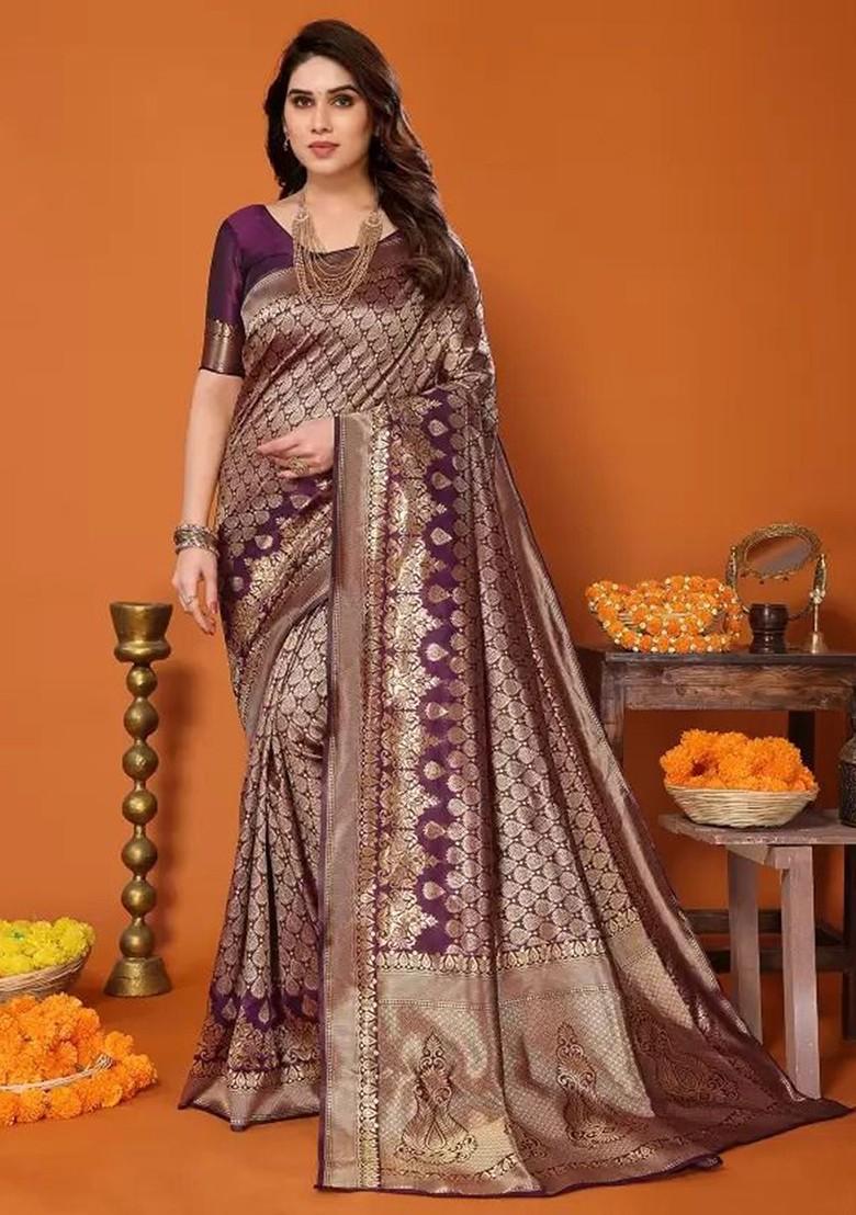 Burgundy woven Silk Saree Set