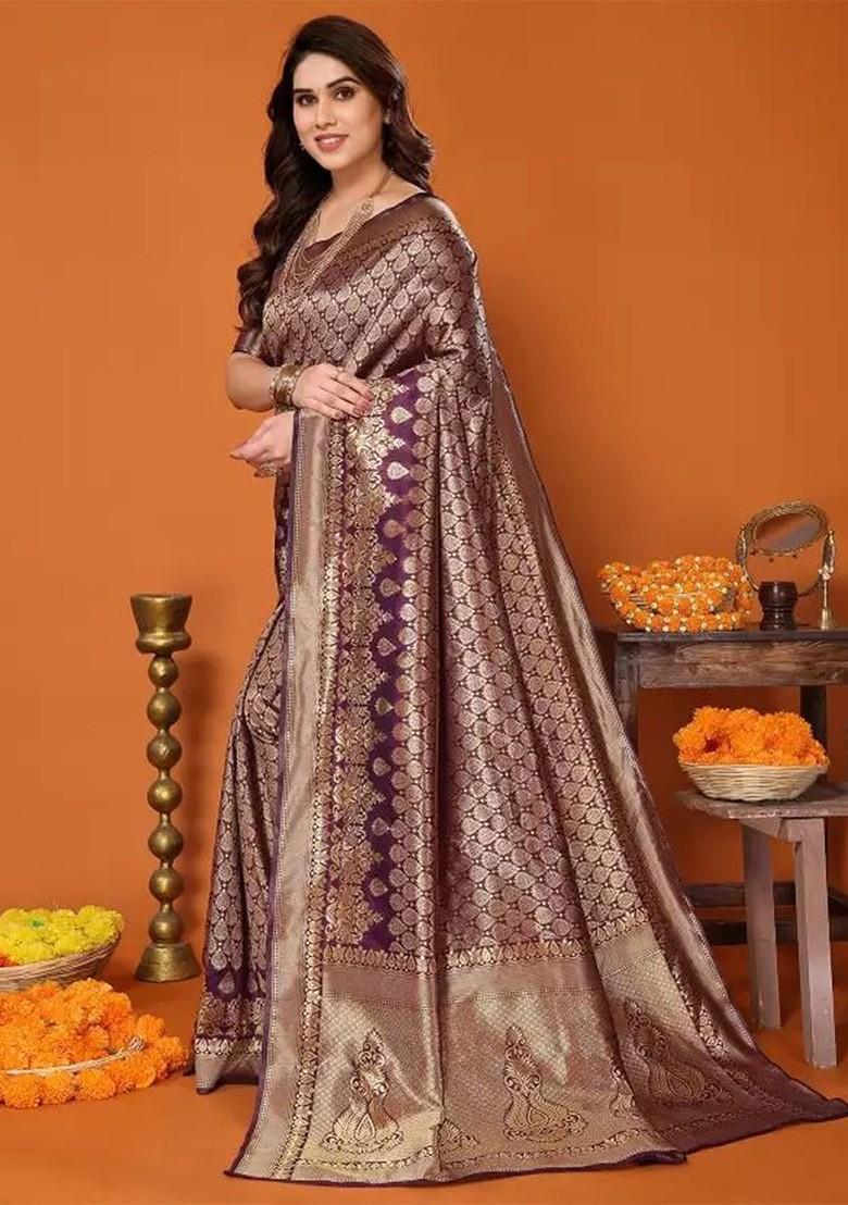 Burgundy woven Silk Saree Set