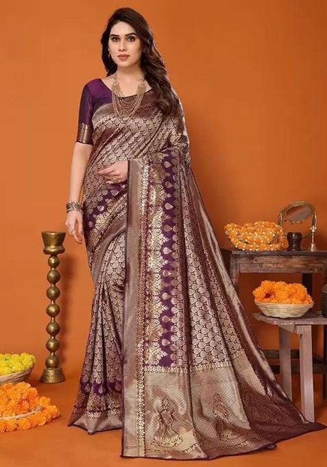 Women's Viscose Silk Burgundy Woven Design Designer Saree With Blouse Piece