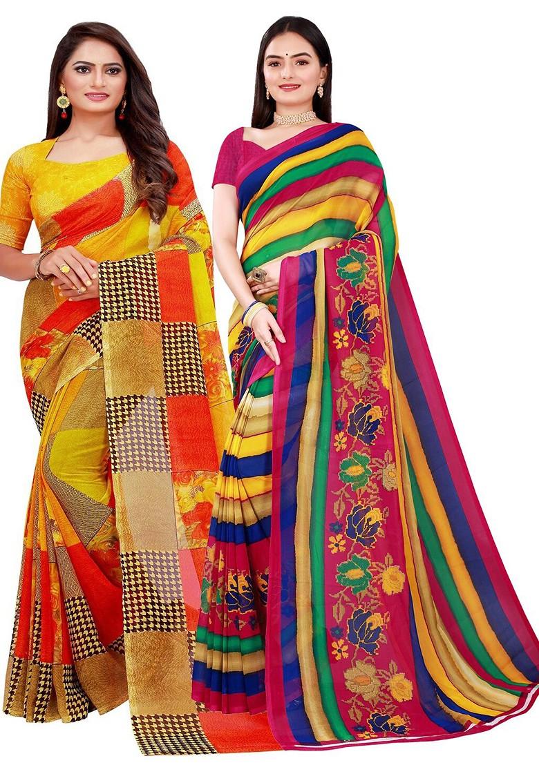 Green Embroidered Georgette Saree Set (Set Of 2)