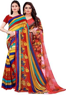 Peach Printed Georgette Saree Set (Set Of 2)