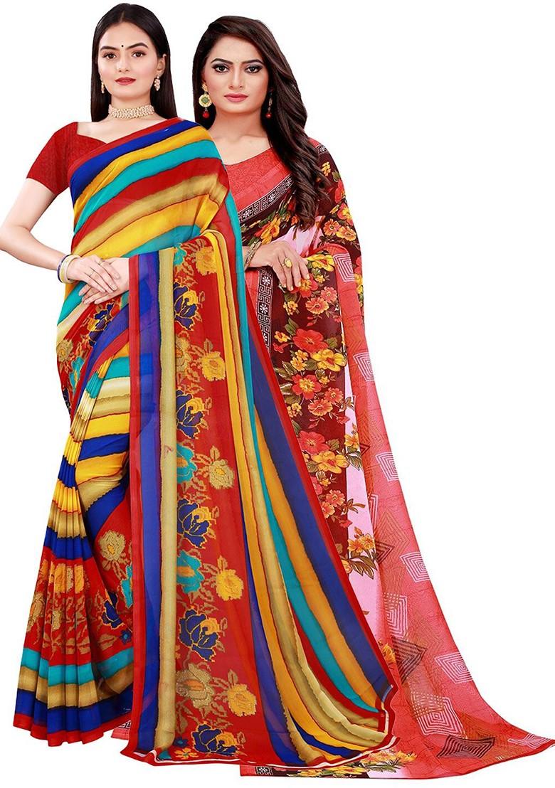 Peach Printed Georgette Saree Set (Set Of 2)