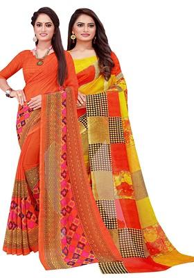 Orange Printed Georgette Saree Set (Set Of 2)