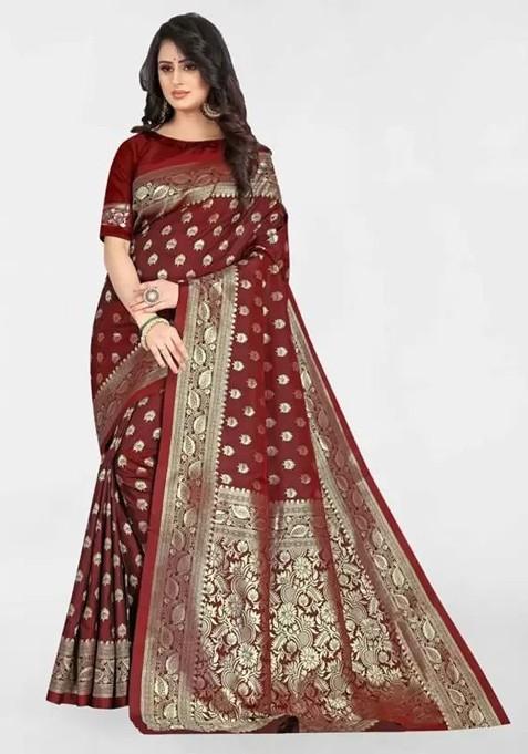Maroon woven Banarasi Saree Set