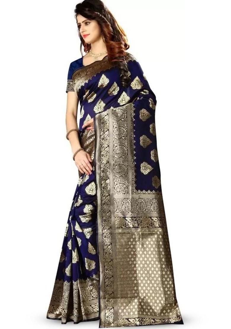 Navy Blue woven Kanjeevaram Saree Set