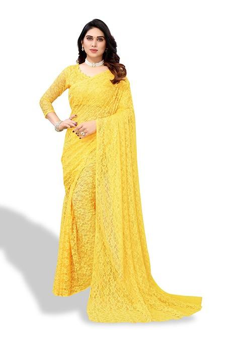 Yellow Floral Net Saree Set