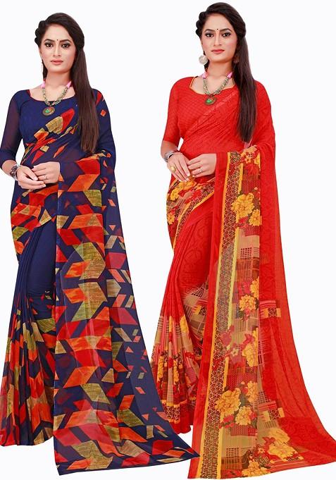 Red Embroidered Georgette Saree Set (Set Of 2)