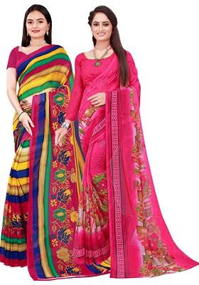 Pink Embroidered Georgette Saree Set (Set Of 2)