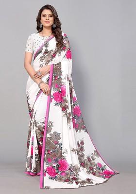 White Floral Poly Blend Saree Set