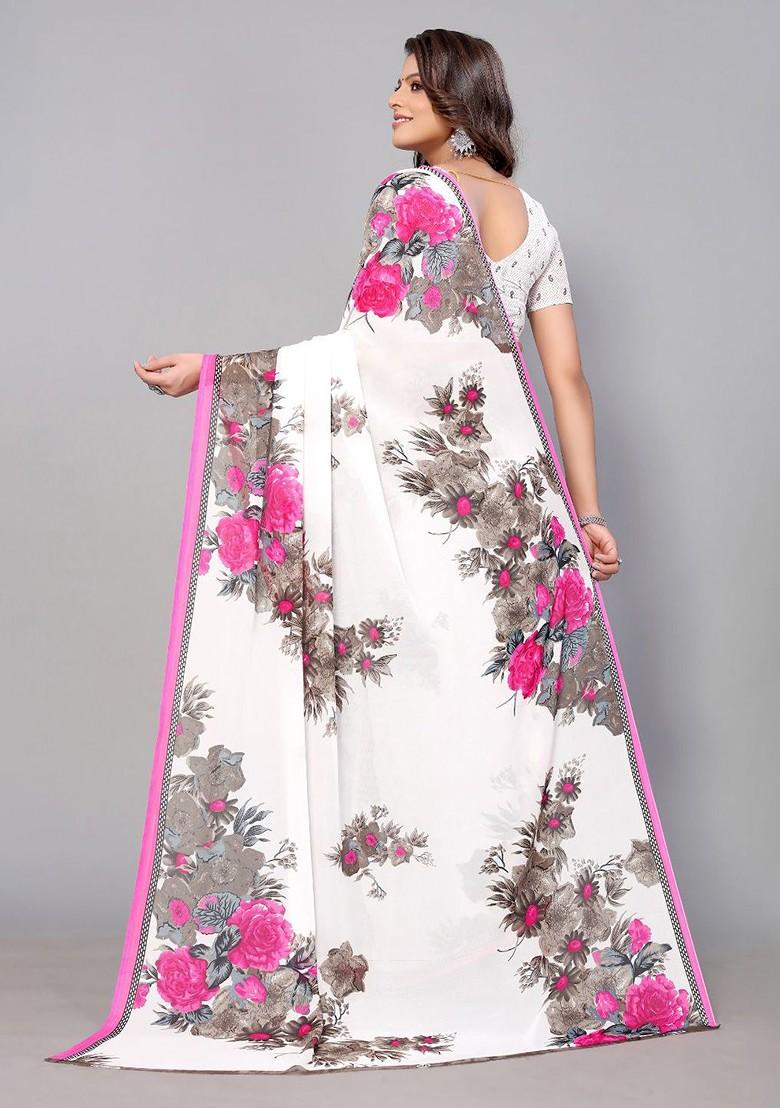 White Floral Poly Blend Saree Set