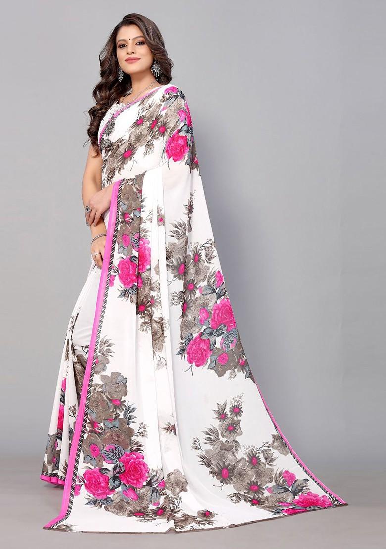 White Floral Poly Blend Saree Set