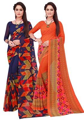 Navy Blue Embroidered Georgette Saree Set (Set Of 2)