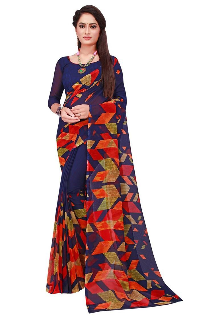 Navy Blue Embroidered Georgette Saree Set (Set Of 2)