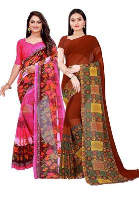 Brown Floral Georgette Saree Set (Set Of 2)
