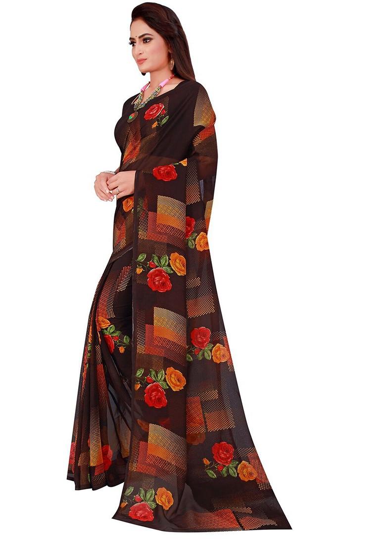 Black Floral Georgette Saree Set