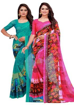 Teal Green Floral Georgette Saree Set (Set Of 2)