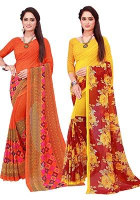 Orange Floral Georgette Saree Set (Set Of 2)