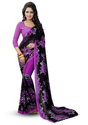 Purple Floral Art Silk Saree Set