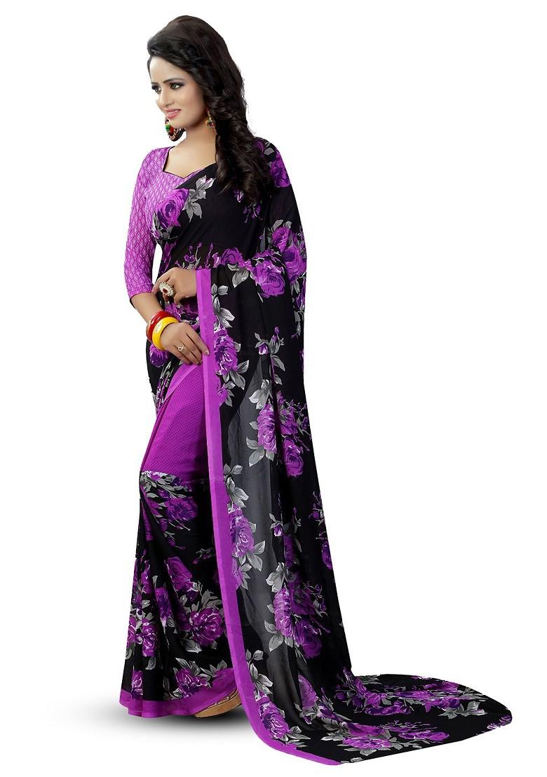 Purple Floral Art Silk Saree Set