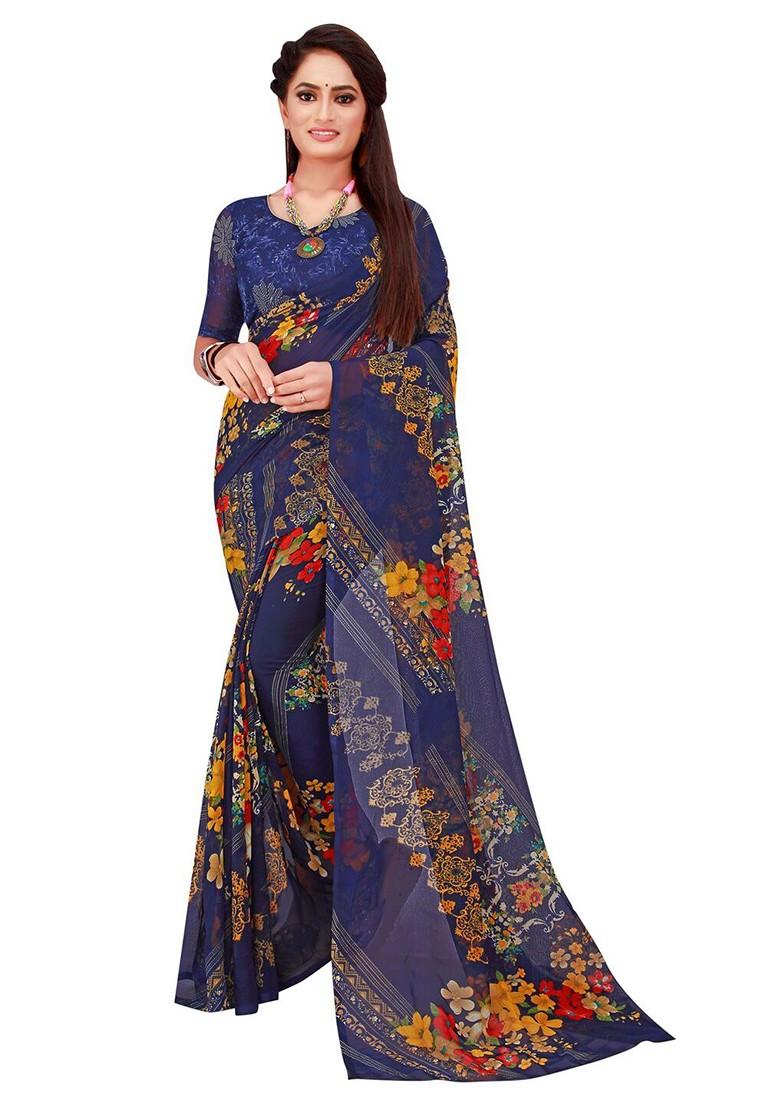 Navy Blue Striped Georgette Saree Set (Set Of 2)