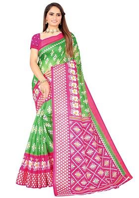 Green Printed Art Silk Saree Set