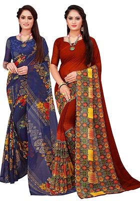 Navy Blue Floral Georgette Saree Set (Set Of 2)
