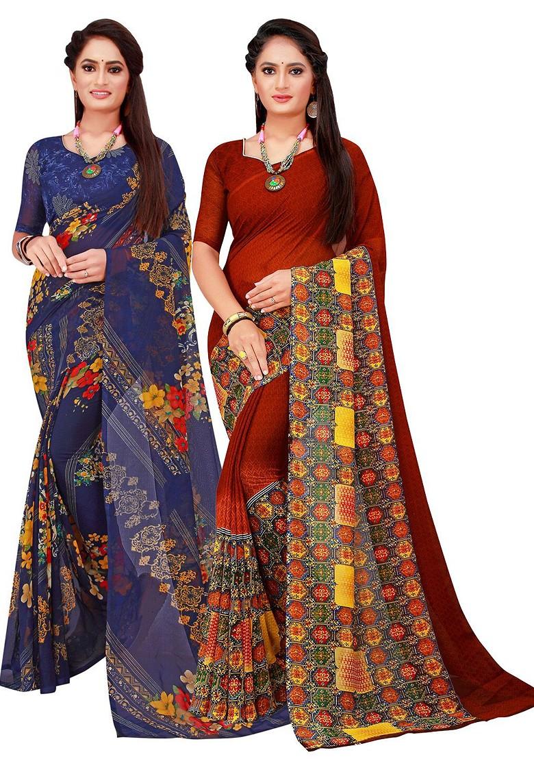 Navy Blue Floral Georgette Saree Set (Set Of 2)