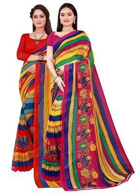 Green Embroidered Georgette Saree Set (Set Of 2)